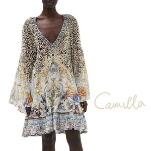 CAMILLA new Whimsical Seahorse Sonnet V-Neck A-Line Gathered Panel Short Dress